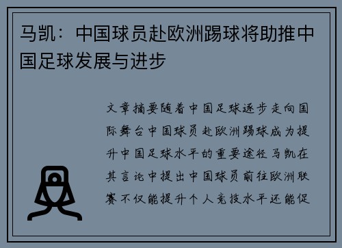 马凯：中国球员赴欧洲踢球将助推中国足球发展与进步