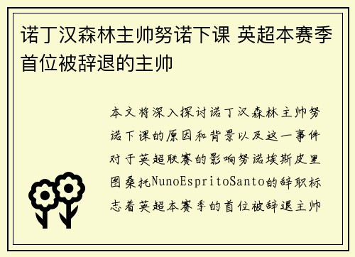 诺丁汉森林主帅努诺下课 英超本赛季首位被辞退的主帅