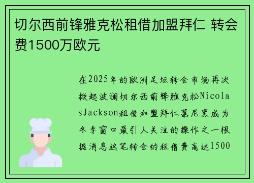 切尔西前锋雅克松租借加盟拜仁 转会费1500万欧元