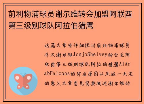 前利物浦球员谢尔维转会加盟阿联酋第三级别球队阿拉伯猎鹰